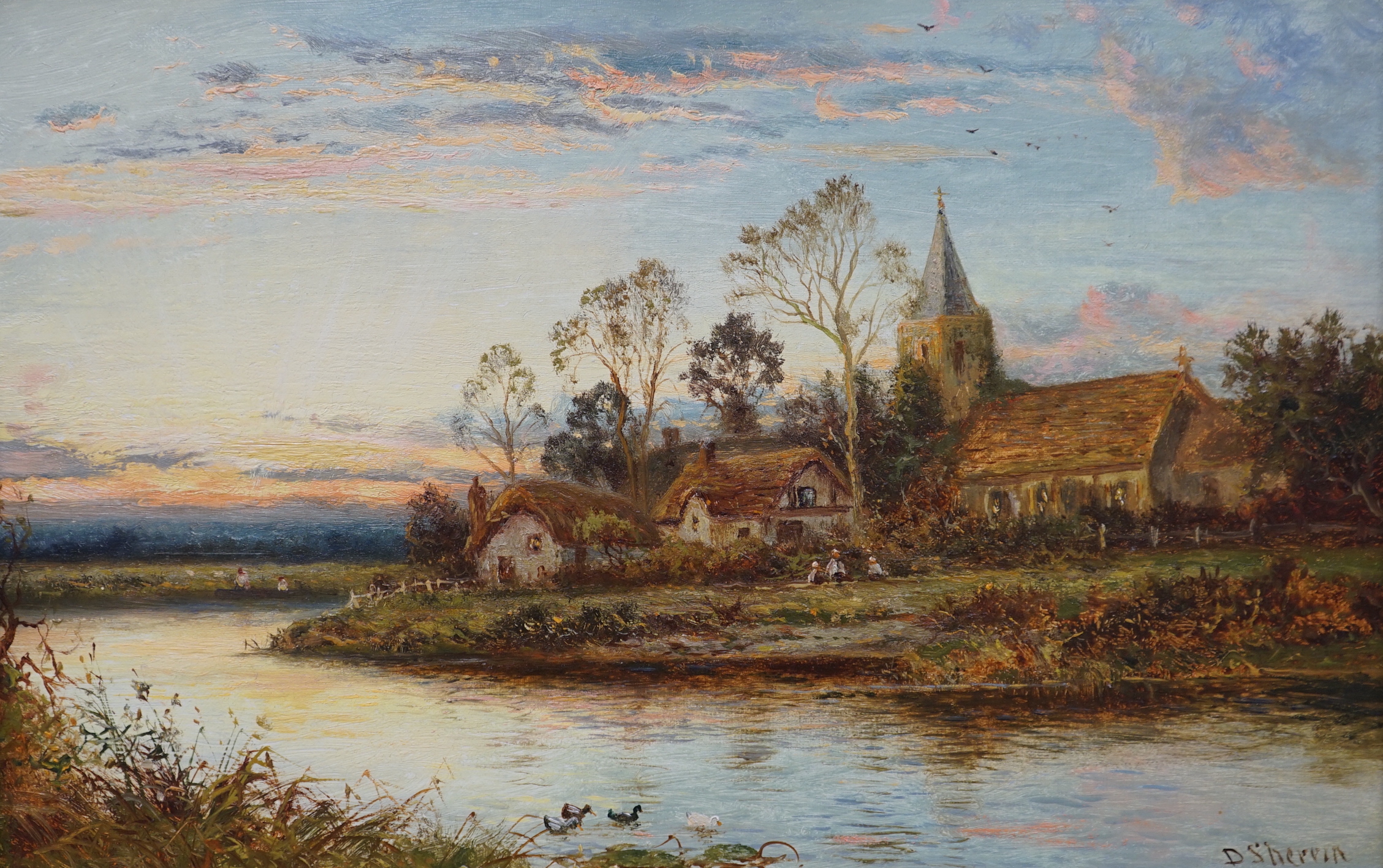 Daniel Sherrin (1868-1940), oil on canvas, River landscape with church and cottages, signed, 29 x 44cm